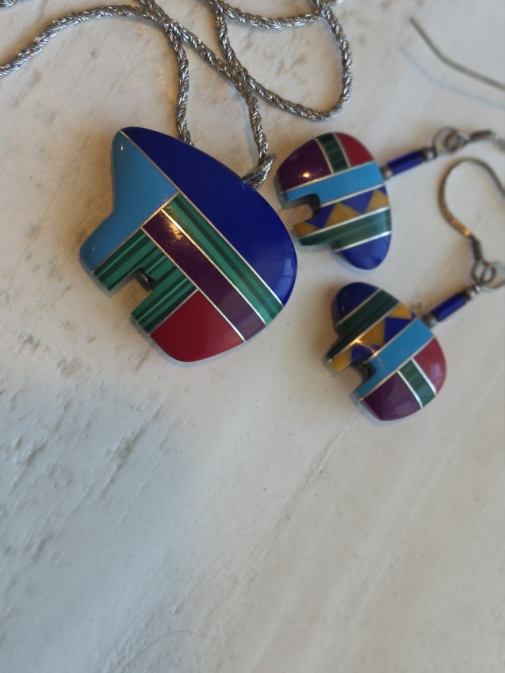 Zuni Bear Necklace And Matching Earrings Natural Stone